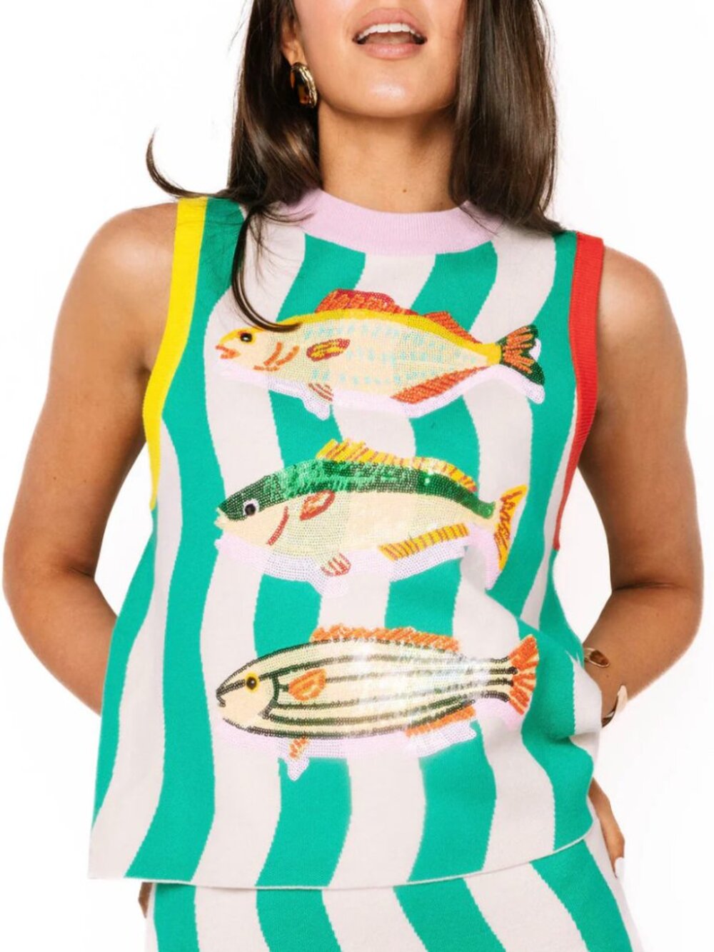 QUEEN OF SPARKLES Teal Multi Trim Fish Knit Tank